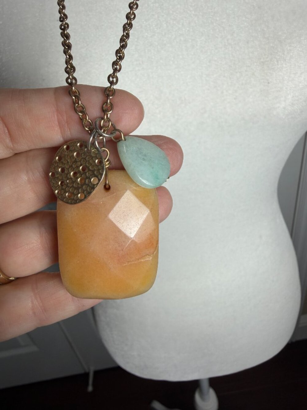 Vintage Multi Charm Gold Tone & Faceted Stone Pendant Necklace
